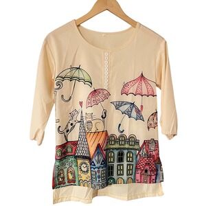 Whimsical Cat House Umbrella Graphic Blouse Cream 3/4 Sleeve Top Size L